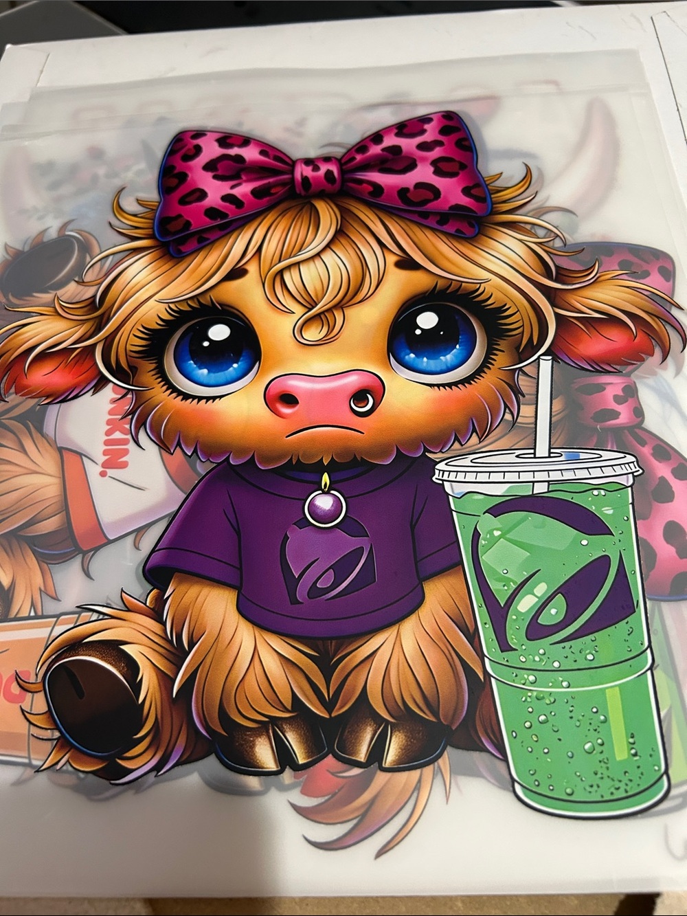 Cute Plush Calf Art Print — Pink Bow & Purple Shirt